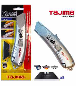 Нож монтажный TAJIMA V-REX (VR103D) с выдвижным трапезоидным лезвием (3 лезвия в комплекте), металл