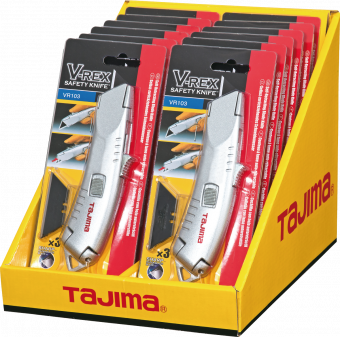 Нож монтажный TAJIMA V-REX (VR103D) с выдвижным трапезоидным лезвием (3 лезвия в комплекте), металл