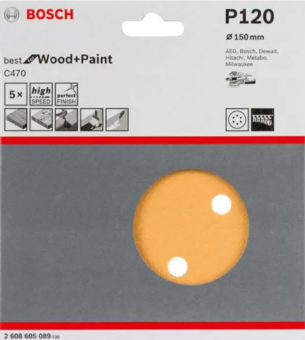 Шлифлисты (5шт) BOSCH Best for Wood+Paint 150мм ( зерно 120) 2608605089
